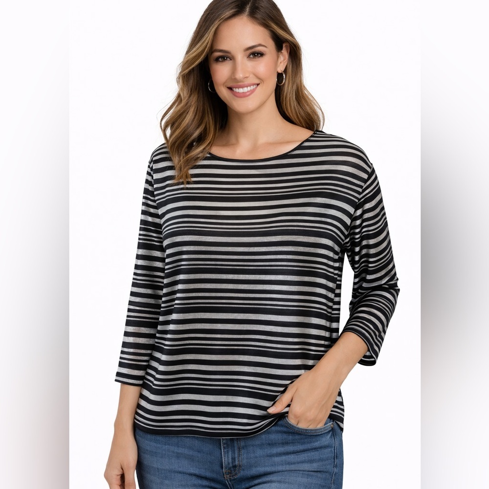 Peck & Peck Womens Black Gray  3/4 Sleeve‎ Scoop Neck Pullover Top Size PXL